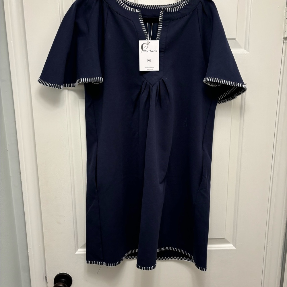 Elegant Navy Dress with White Trim